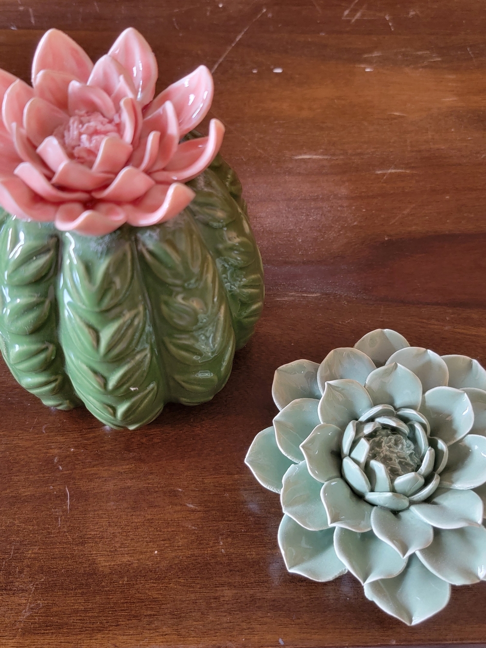 Ceramic Succulent Decor - Green & Pink Flower Top